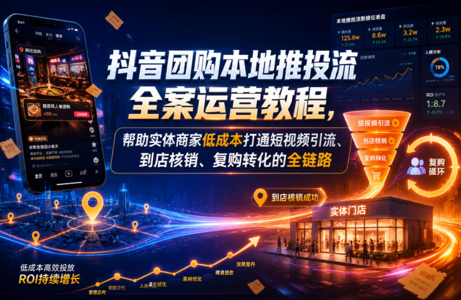 抖音团购本地推投流全案运营教程,帮助实体商家低成本打通短视频引流、到店核销、复购转化的全链路|网创挖金社